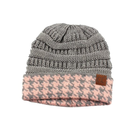 CC C.C Houndstooth Gray & Pink Beanie Hat - Picture 1 of 1